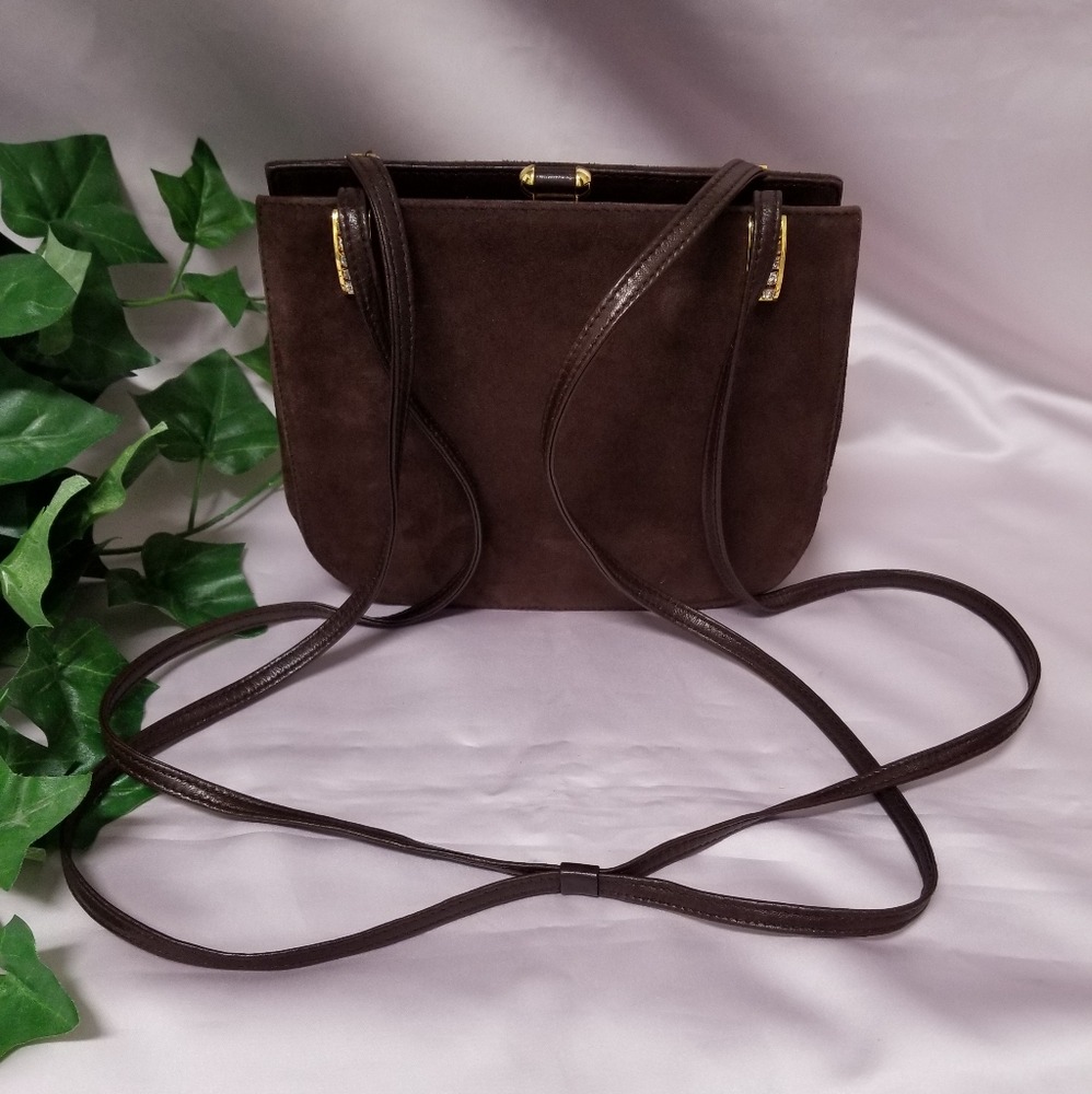 Henri Bendel RARE Vintage Brown Suede Swarovski Crystal Crossbody Made in Italy - Picture 11 of 15